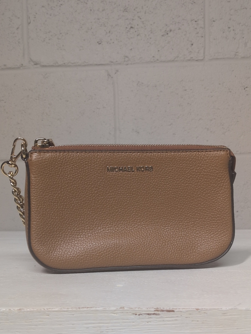 Michael Kors Luggage Leather Mini Shoulder Bag Gold Chain Link Wristlet